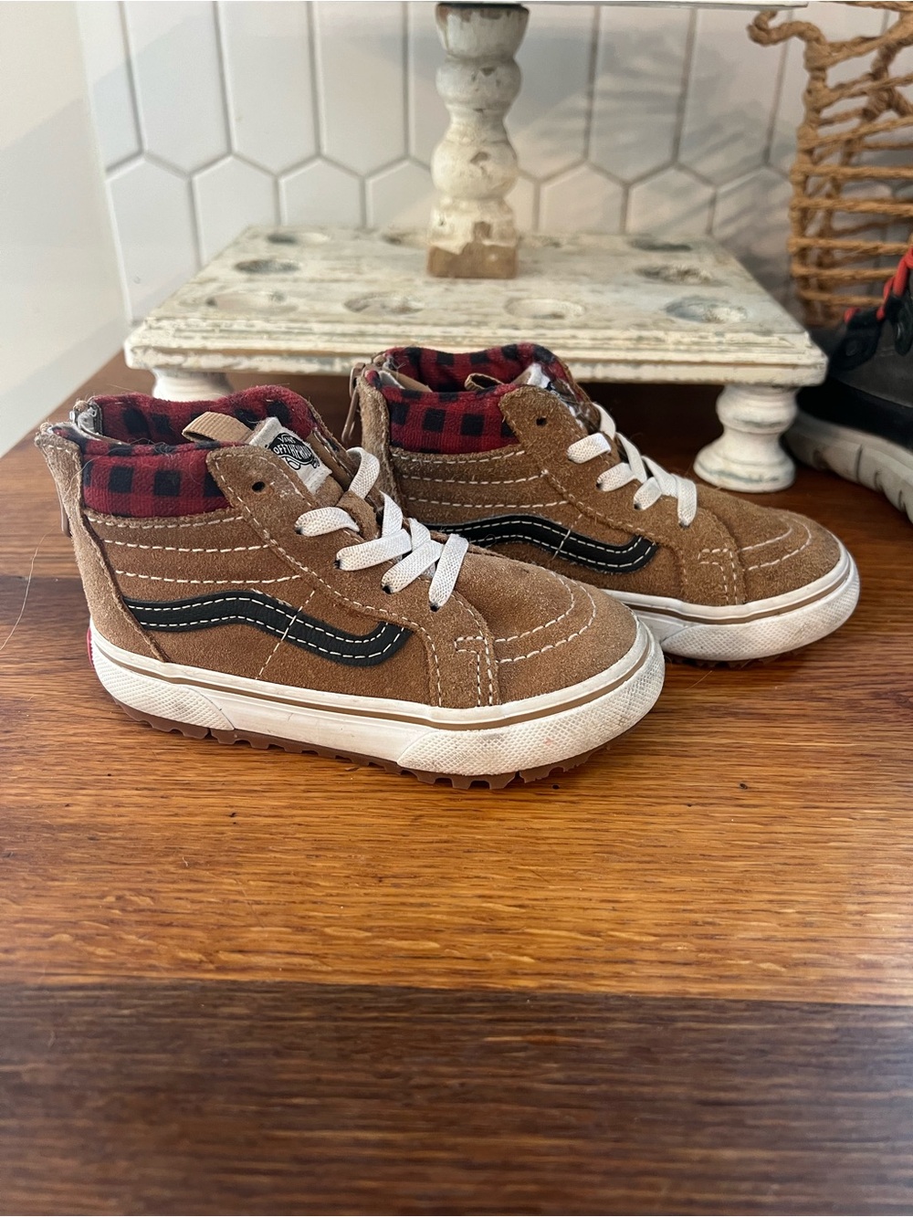 Vans Kids Brown Suede High-Top Sneakers with Red Plaid Collar